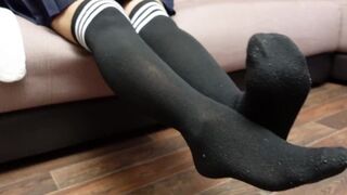 Sexy Schoolgirl Dress Knee Socks White Black, show legs pantyhose stockings tights foot fetish