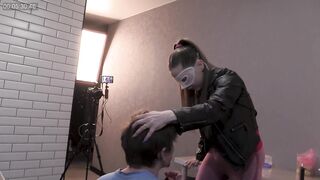 Hard, stinging slaps rain down one after another, I hold him by the hair, smacking and smacking, loving every hit. His cock stands rock-hard from my s